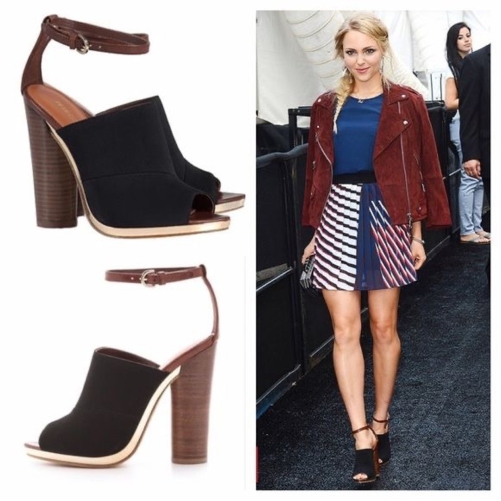 Rebecca Minkoff Leather Black Gold Open Toe Heels